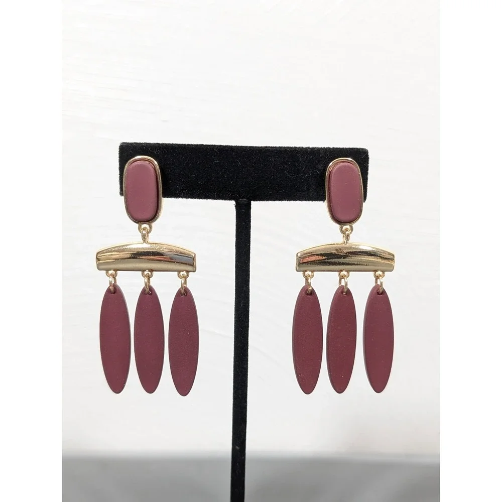 Boho Red‎ Brown Gold Tone Chandelier Dangle Tribal Earrings Statement